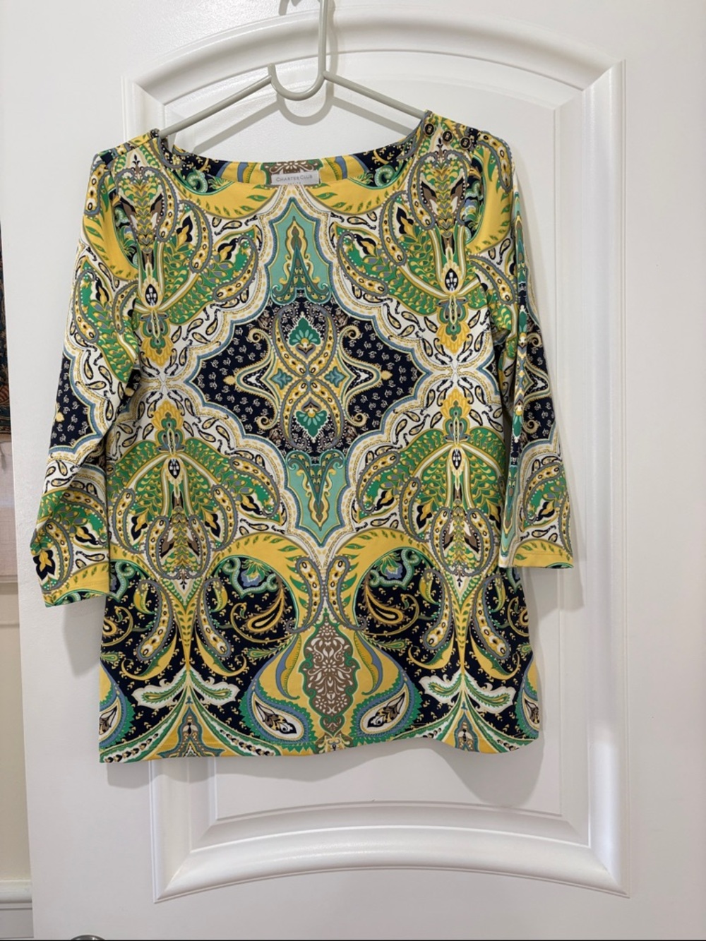 Charter Club Paisley-Print Stretch Top in Yellow, Green & Black 3/4 sleeves PM
